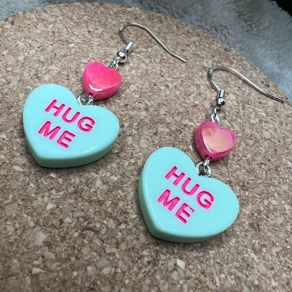 Green Hug Me Heart Valentine’s Day Earrings - Picture 2 of 3